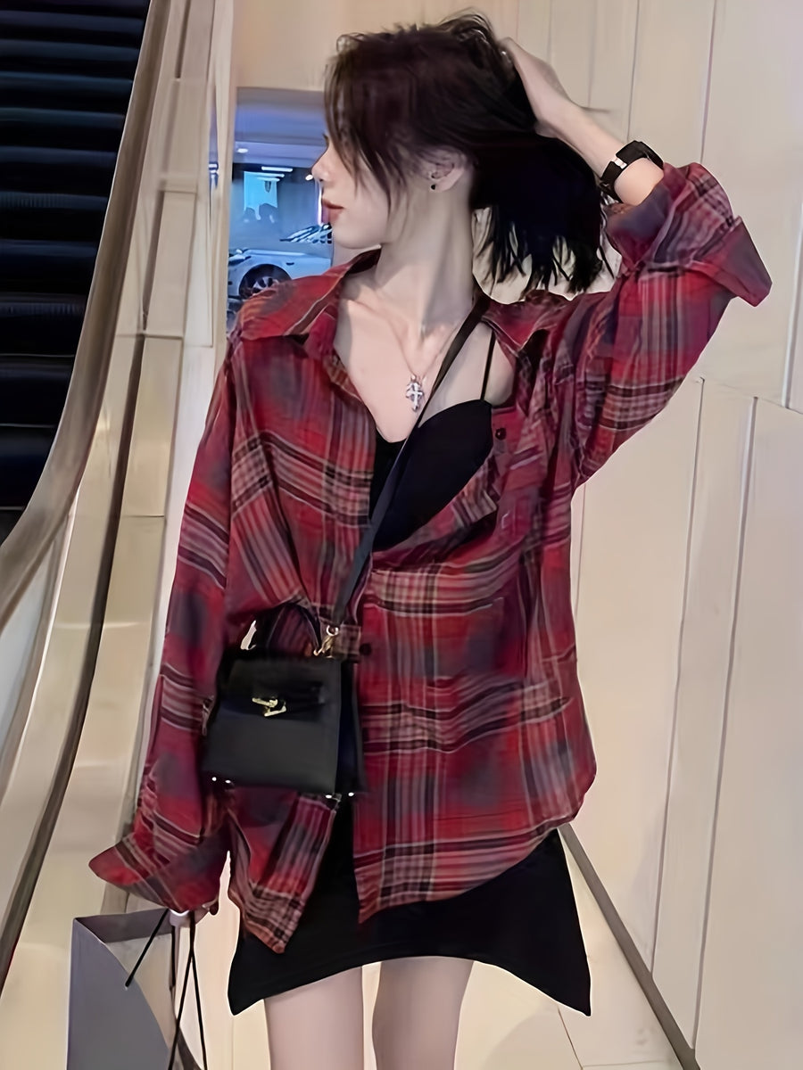Chiffon Plaid Print Sheer Blouse Top Sunscreen Shirt - Red