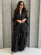 A Women's Sequin Embellished Open Abaya Cardigan & Matching Headscarf Set, Modest Dubai Fashion Outerwear - Black