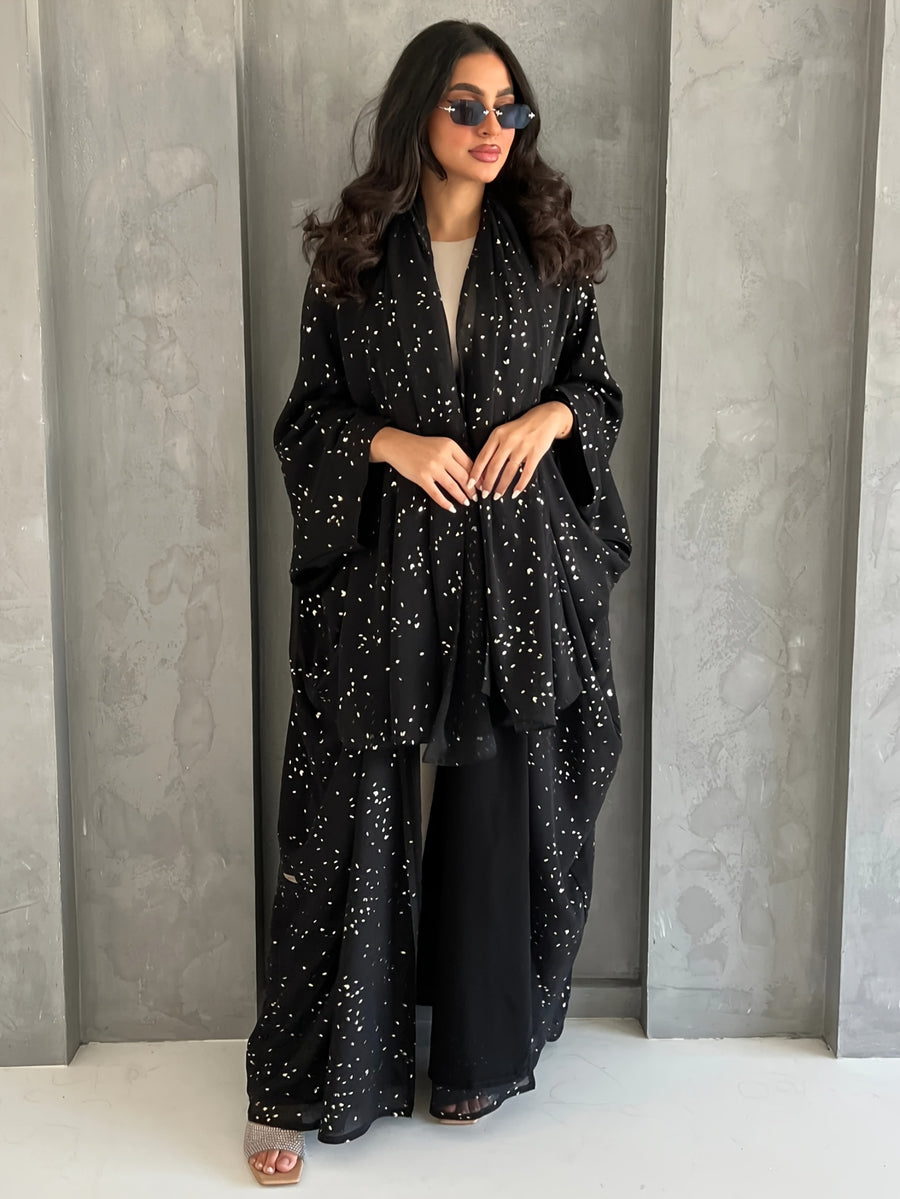 A Women's Sequin Embellished Open Abaya Cardigan & Matching Headscarf Set, Modest Dubai Fashion Outerwear - Black