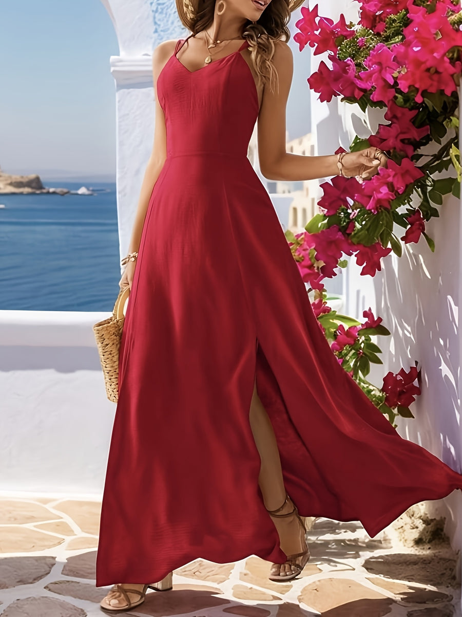 Solid Color High Slit Cross Suspender Dress LL169 - Red