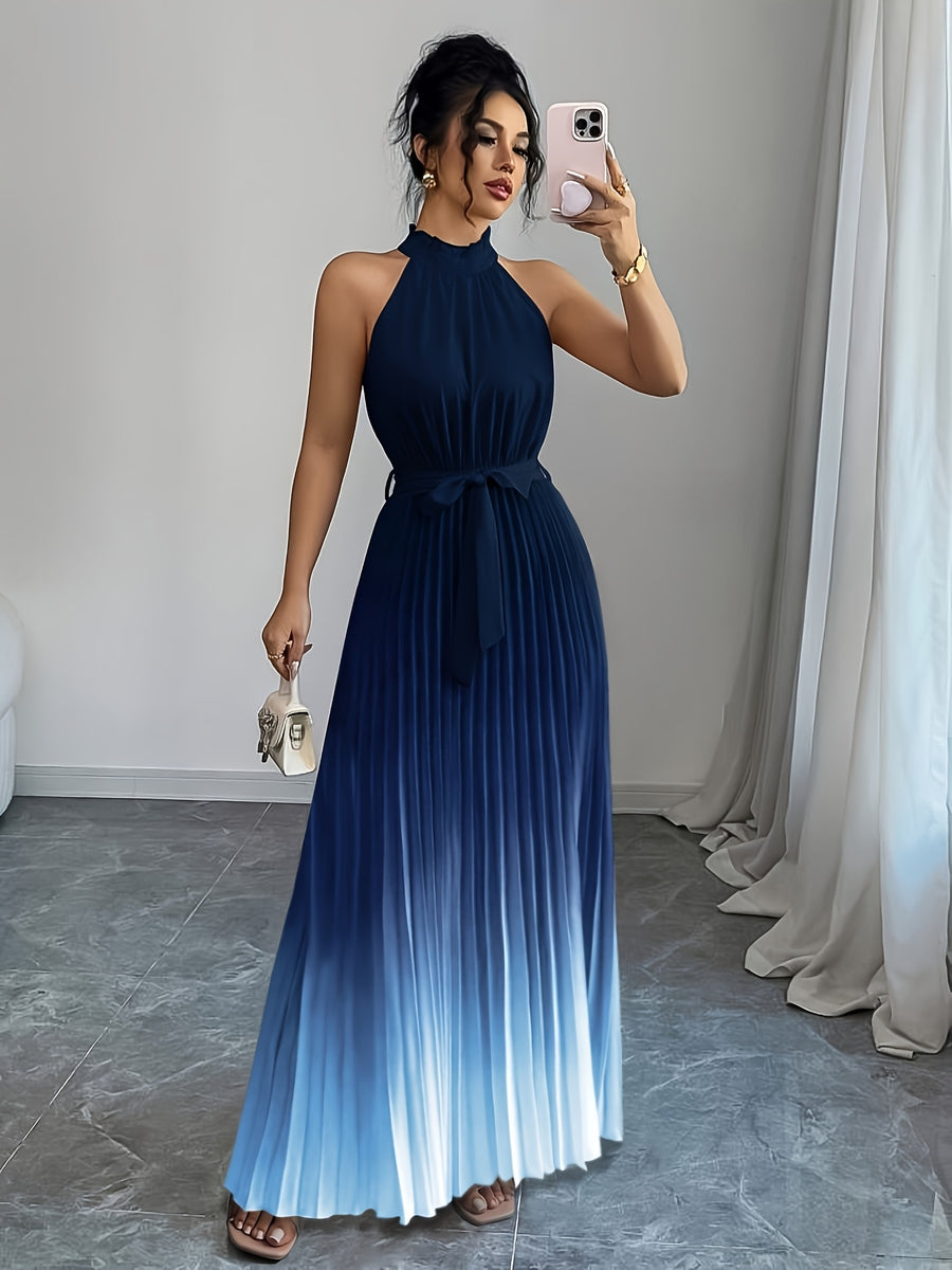 Elegant Romantic Ruffled Neckline And Waist Tie A-Line Pleated Gradient Maxi Dress - Gradient navy blue