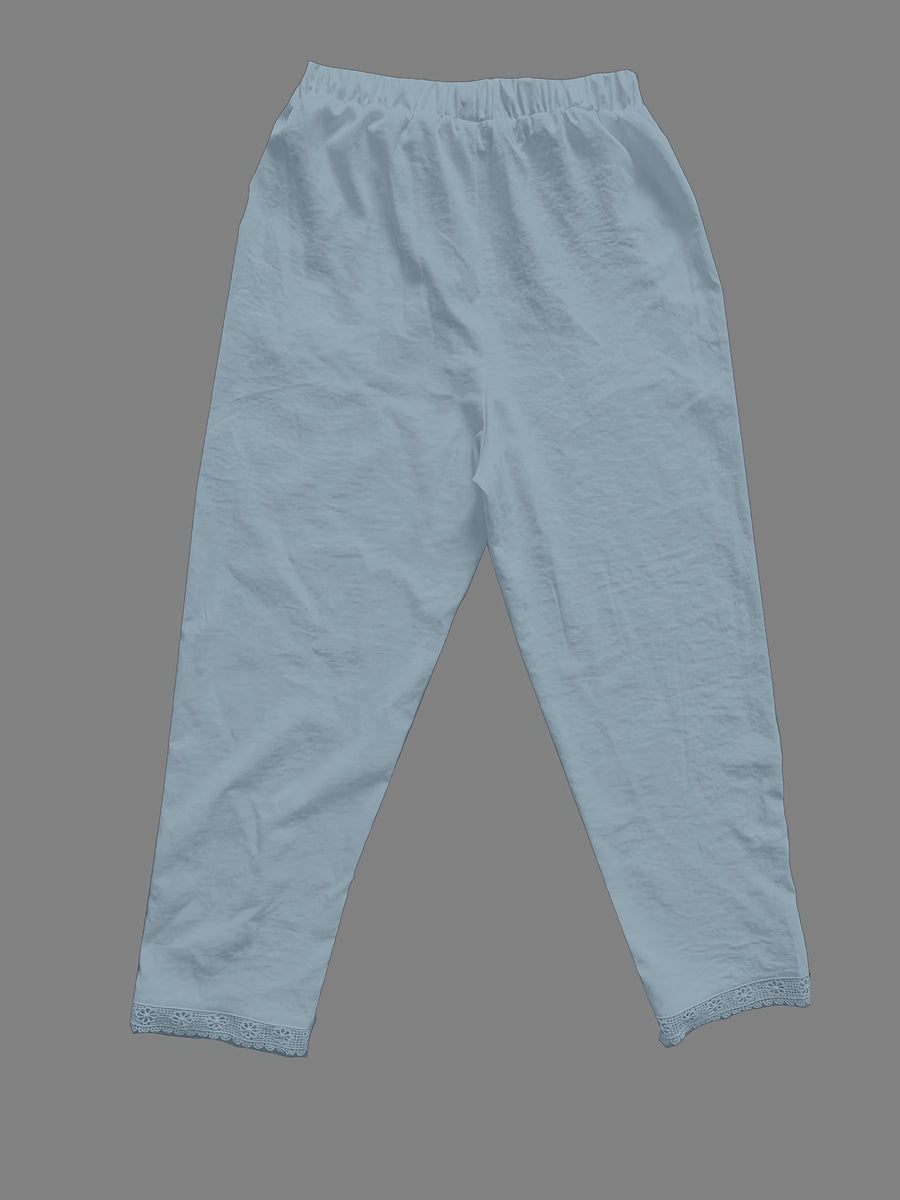 Fashion Trendy Women'S Lace Cutout Casual Pants - Light Blue