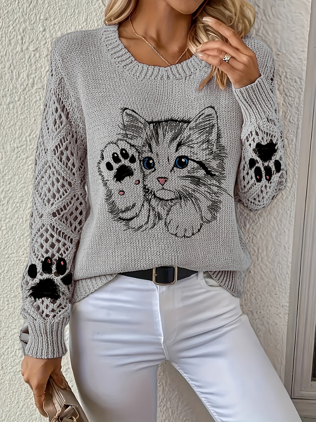 Vintage Cat Paw Print Hollow-Out Long Sleeve Round Neck Sweater, Casual Lazy Style Sweater Top. Non-shrink, Colorfast, Moderate Thickness Sweater. Suitable for All Seasons as Outerwear or Innerwear, Casual Outings, Home Office. Fashionable and - Space Gray