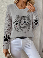 Vintage Cat Paw Print Hollow-Out Long Sleeve Round Neck Sweater, Casual Lazy Style Sweater Top. Non-shrink, Colorfast, Moderate Thickness Sweater. Suitable for All Seasons as Outerwear or Innerwear, Casual Outings, Home Office. Fashionable and - Space Gray