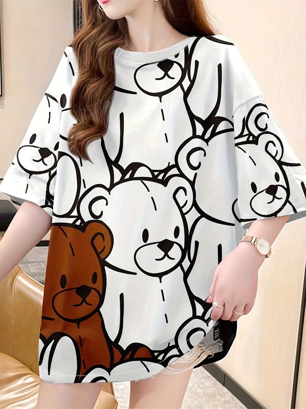 Summer New Large Size Loose Fashion Trend Slim Cartoon Round Neck Print Ladies Women'S Medium And Long Short-Sleeved T-Shirt Clothes - K176-W