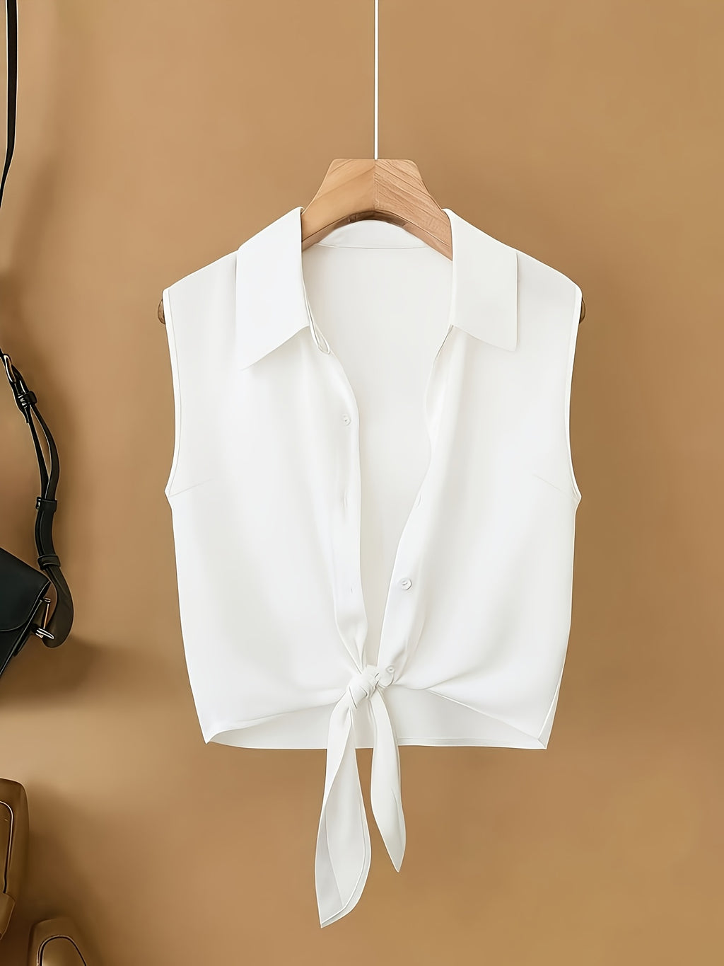 Women's New Spring/Summer Elegant French-Style Minimalist Lapel Sleeveless Shirt, Single-Breasted with Hem Tie Design, Lightweight, Breathable, and Slim-Fitting, a Summer Top Suitable for Women in Spring and Summer, Casual Style Women's Top - White