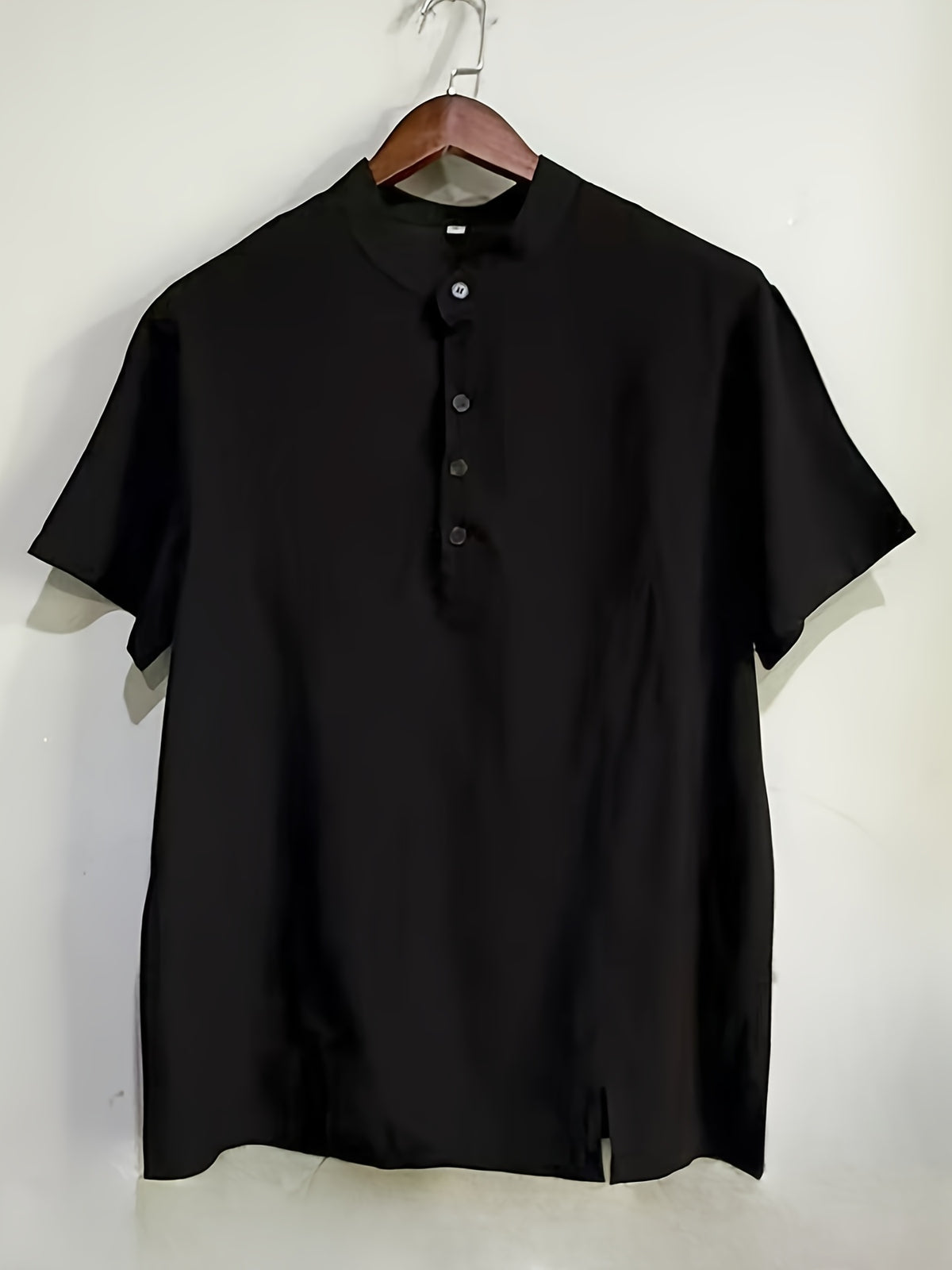 Men'S Henley Shirt | Casual Stand Collar, Slight Stretch Fabric, Button Detail, Solid Color, Regular Fit For Spring/Fall - Black