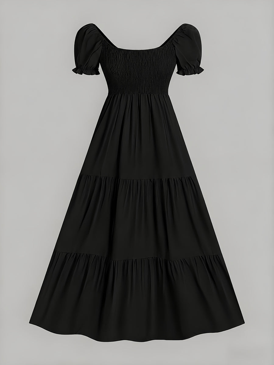 Four-Season Suitable Dress, Y2K Women's New Solid Color Square Neck Tie-Back Long Dress, Suitable for Streetwear, Commuting, Parties, Social Events, Vacations, Christmas, New Year, Valentine's Day, Women's New Clothing M186 - Black