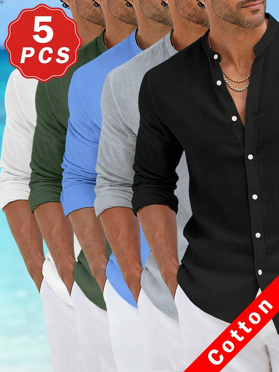Men's 100% Pure Cotton Casual Stand Collar Long Sleeve Shirt, 5pcs. Breathable Long-sleeve Shirts for Men, a Great Choice for Daily Commutes, Outings, and Seaside Vacations. A Wonderful Gift for a Boyfriend or Husband. - Black + Gray + Blue + Green + White