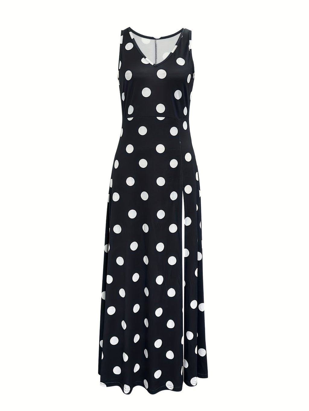 2026 Polka Dot Slit Maxi Dress, Vacation Style Polka Dot Print V-Neck Sleeveless Slit Waist-Cinching Long Dress, Flowy Sundress, and Versatile Style, Beach Wear, New Summer Collection, Black and White Polka Dot Elegant Flared Dress - Black