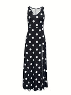 2026 Polka Dot Slit Maxi Dress, Vacation Style Polka Dot Print V-Neck Sleeveless Slit Waist-Cinching Long Dress, Flowy Sundress, and Versatile Style, Beach Wear, New Summer Collection, Black and White Polka Dot Elegant Flared Dress - Black