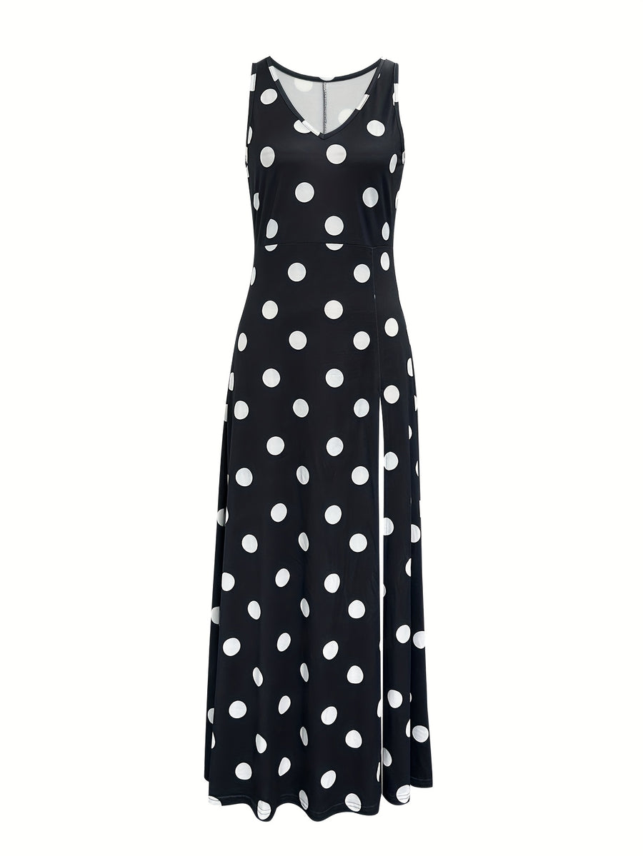 2026 Polka Dot Slit Maxi Dress, Vacation Style Polka Dot Print V-Neck Sleeveless Slit Waist-Cinching Long Dress, Flowy Sundress, and Versatile Style, Beach Wear, New Summer Collection, Black and White Polka Dot Elegant Flared Dress - Black