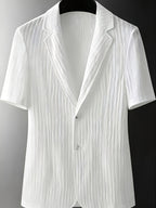Summer Premium White Pleated Short-Sleeve Notched Lapel Men's Shirt, Lightly Mature Style Slim Fit Thin Casual Shirt - White