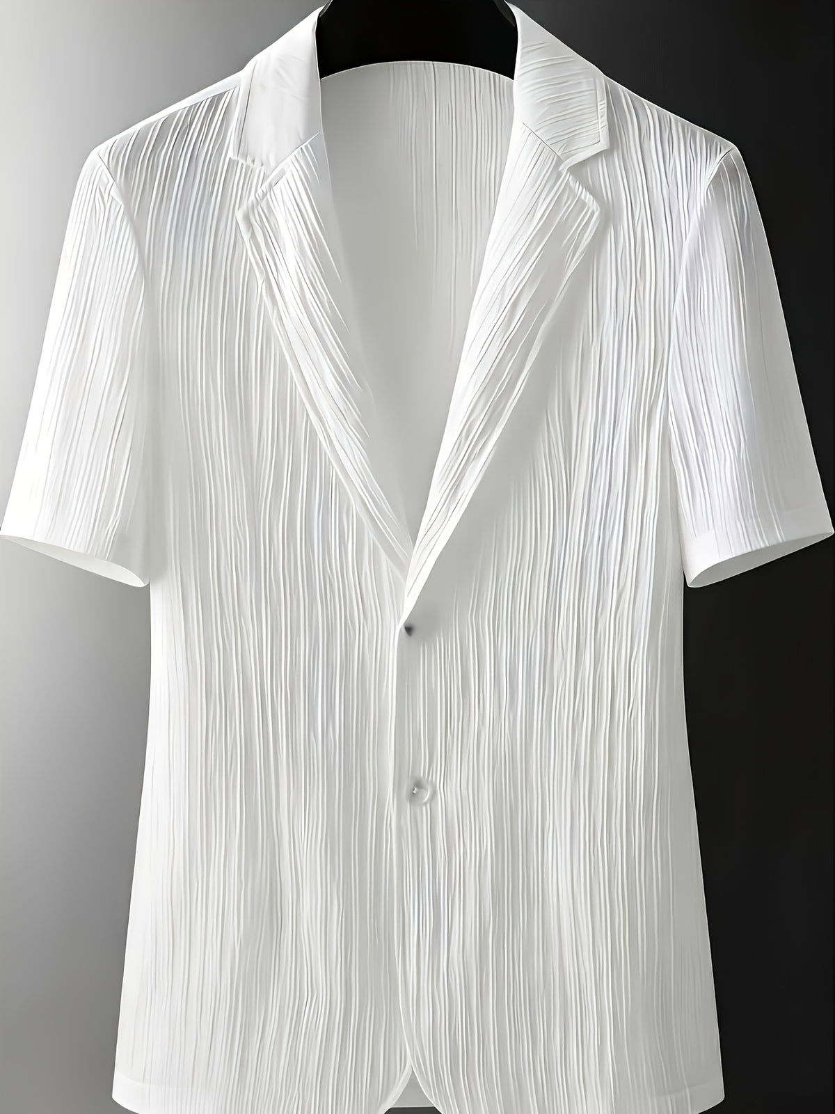 Summer Premium White Pleated Short-Sleeve Notched Lapel Men's Shirt, Lightly Mature Style Slim Fit Thin Casual Shirt - White