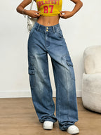 Women's Vintage Washed Cargo Jeans, Multi-Pocket Straight Leg Denim Pants, Double Button Loose Street Style Denim Trousers for Daily Wear - Blue