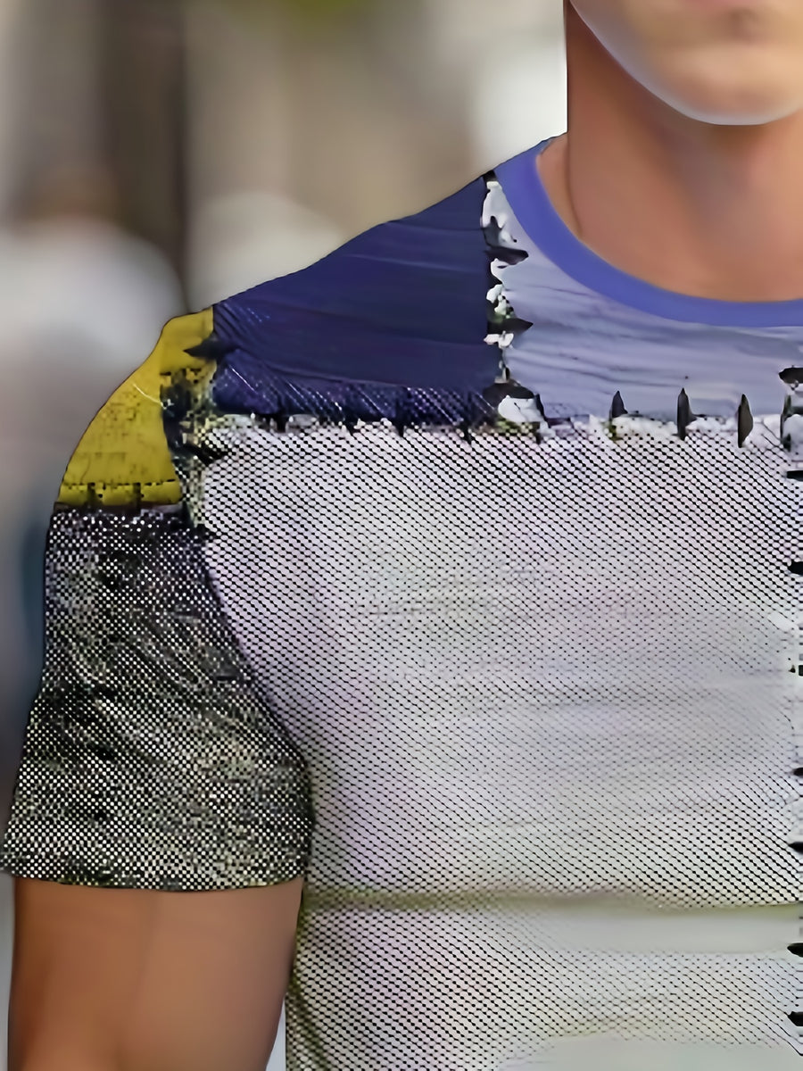 Men's Summer 3D Digital Print Street Style T-Shirt - Regular Fit Crew Neck Patchwork Design, Breathable Fabric Suitable for Casual and Sportswear, Machine Washable, Fashionable Pattern Top, Textured Shirt - Mix color 5