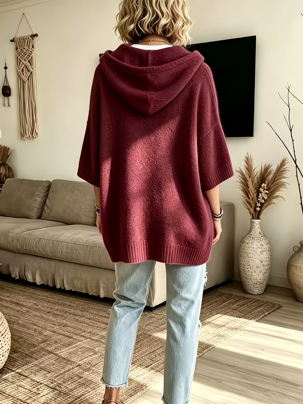 Women's Elegant Casual Three-Quarter Sleeve Drawstring Hooded Sweatshirt - Burgundy