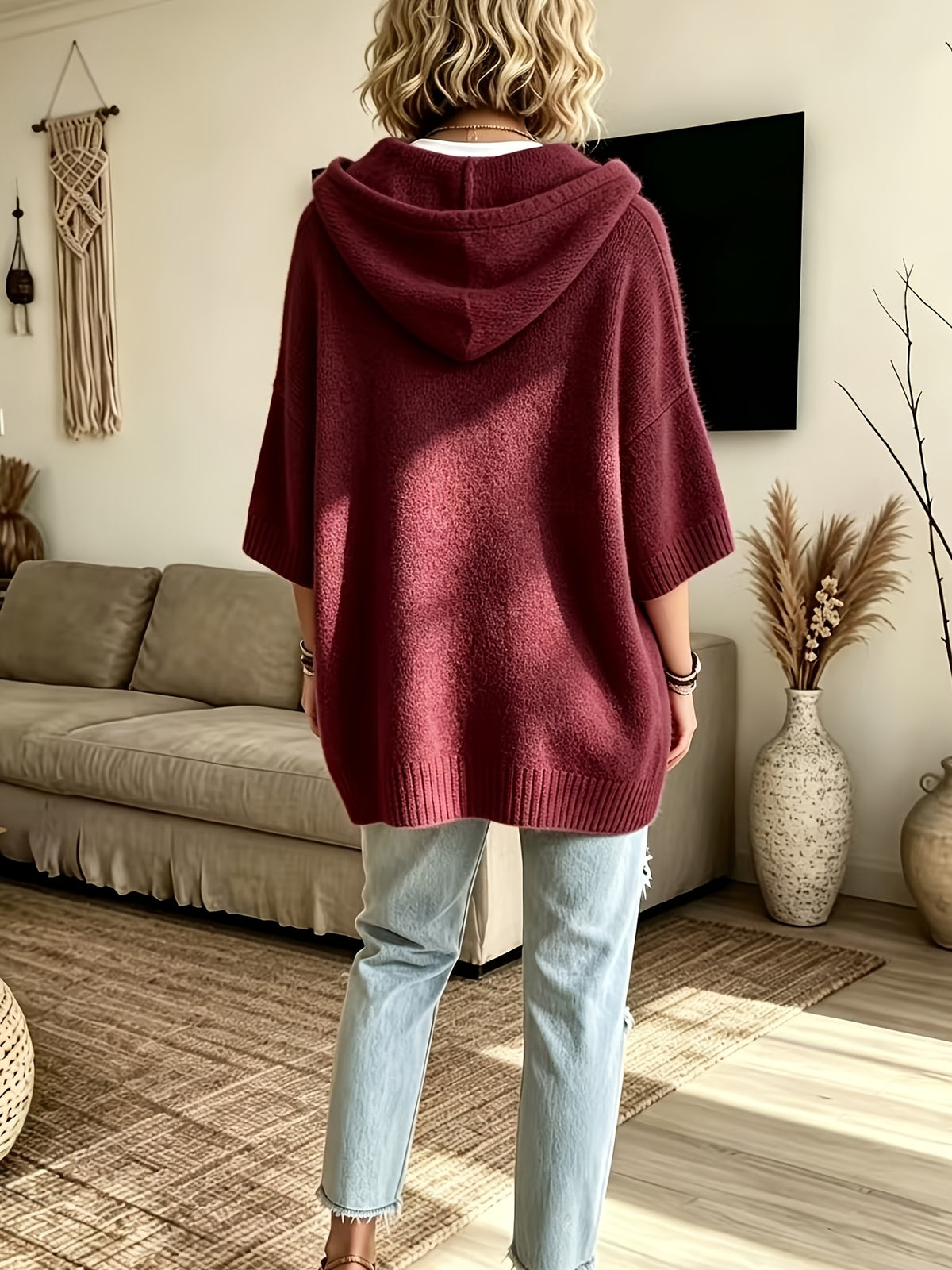 Women's Elegant Casual Three-Quarter Sleeve Drawstring Hooded Sweatshirt - Burgundy