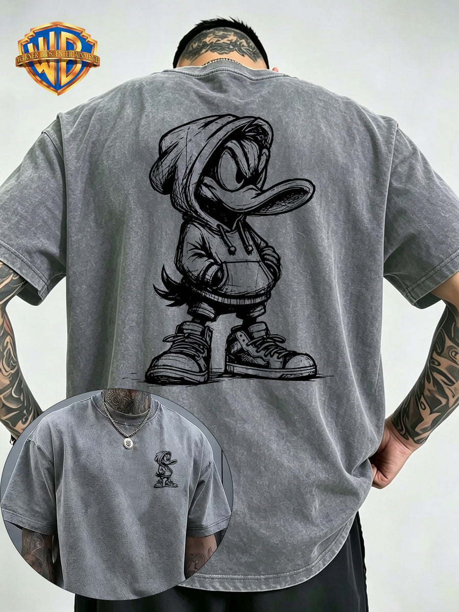 Warner Bros Official Hand-Drawn Cartoon Print Washed T-Shirt, Men's 100% Pure Cotton Fabric, Casual and Comfortable Style, Loose Fit Breathable Short Sleeve Men's Casual Top, Distressed Washed Loose Fit - Grey