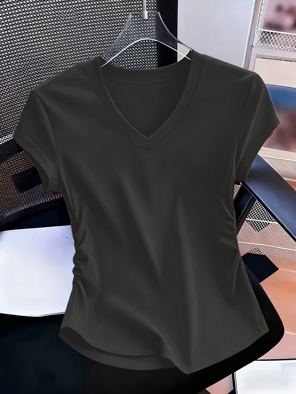 Women'S 3pcs American Retro Casual V-Neck Short Sleeve T-Shirt Spring Summer Slim Short Sleeve Waist Ruched T-Shirt - Mixed Color 4