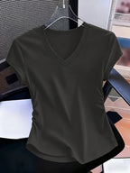 Women'S 3pcs American Retro Casual V-Neck Short Sleeve T-Shirt Spring Summer Slim Short Sleeve Waist Ruched T-Shirt - Mixed Color 4