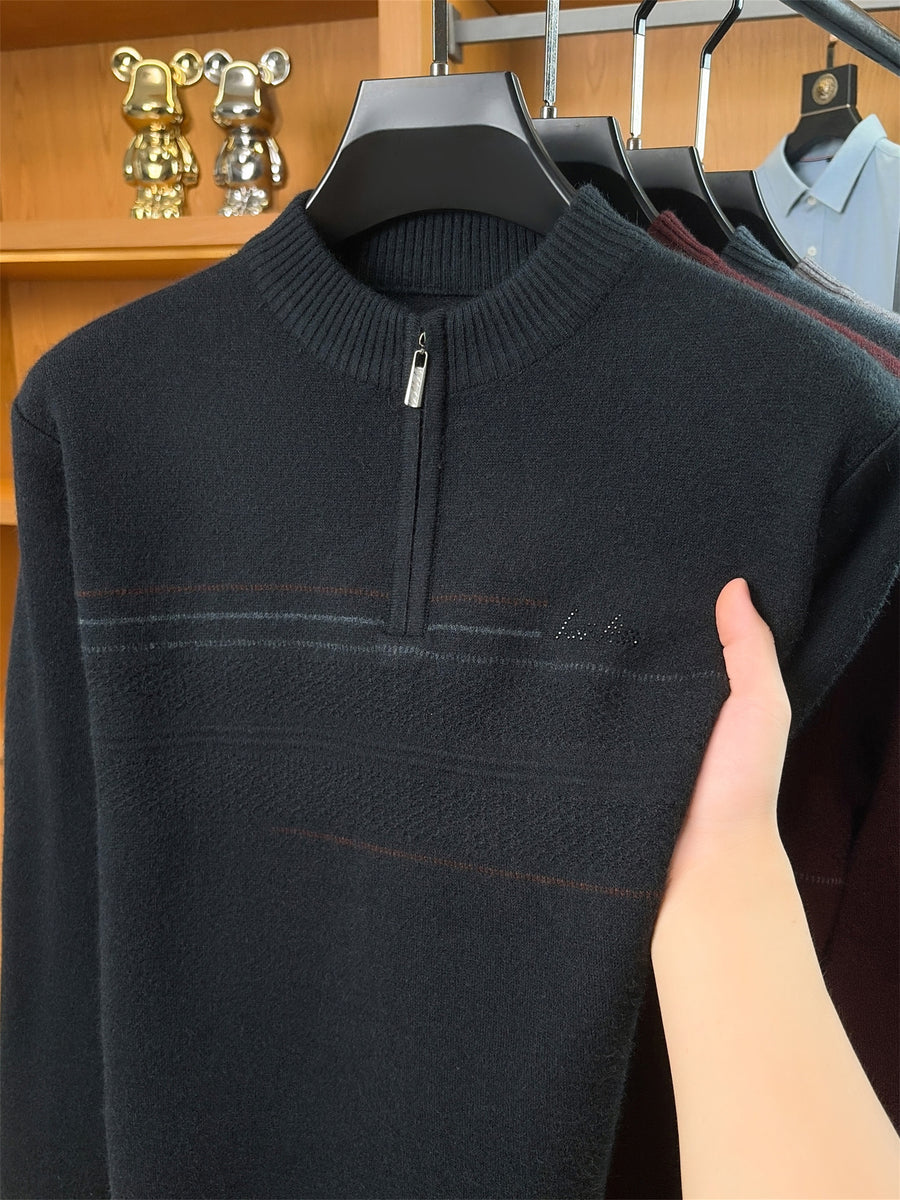 Autumn Winter Knit 3D Solid Round Neck Half-Zip Sweater, Basic Knit Pullover Top for Men, Fashionable Long Sleeve HJ - Shangqing