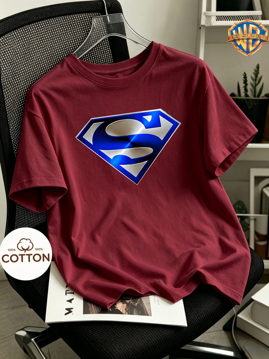 [Warner Authorized] 100% Cotton, Superman Blue Silvery Metal Spring/summer/autumn/winter Men's and Women's Short Sleeved T-shirt, Round Neck Comfortable Top, Soft and Comfortable Fabric, Perfect for Home, Sports, Outdoor, Casual and Daily Wear - Burgundy