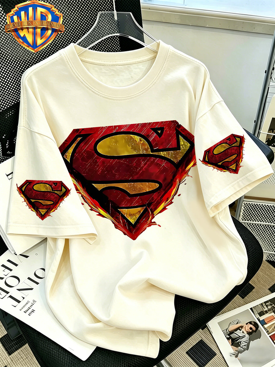 Warner Bros. Official Classic Pure DC Superman Classic S-Logo T-Shirt, Men's 100% Pure Casual Comfortable Multi-Functional Loose-Fit Summer Short-Sleeve T-Shirt, Suitable for Outdoor Wear - Apricot