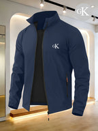 GK Minimalist Uppercase Letter Pattern Full-Zip Stand Collar Windproof Jacket, Unisex Spring/Autumn Lightweight Luxury Business Casual Outerwear - Navy Color