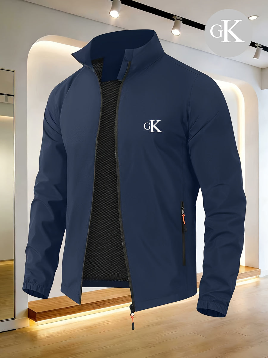 GK Minimalist Uppercase Letter Pattern Full-Zip Stand Collar Windproof Jacket, Unisex Spring/Autumn Lightweight Luxury Business Casual Outerwear - Navy Color