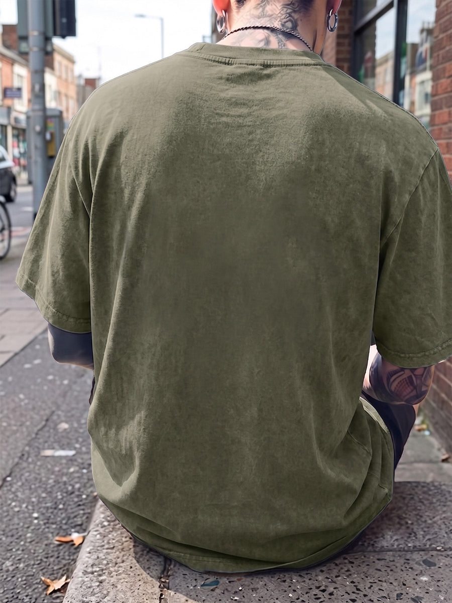 Short Sleeve T-Shirt, Half-Sleeve Top, Pure Cotton Washed Distressed Loose Fit, Compass Print, Multiple Colors for Mix and Match, American Streetwear, Chinese National Trend, High Street, Hip-Hop, Y2K Style, Daily Streetwear, Sports - Military Green