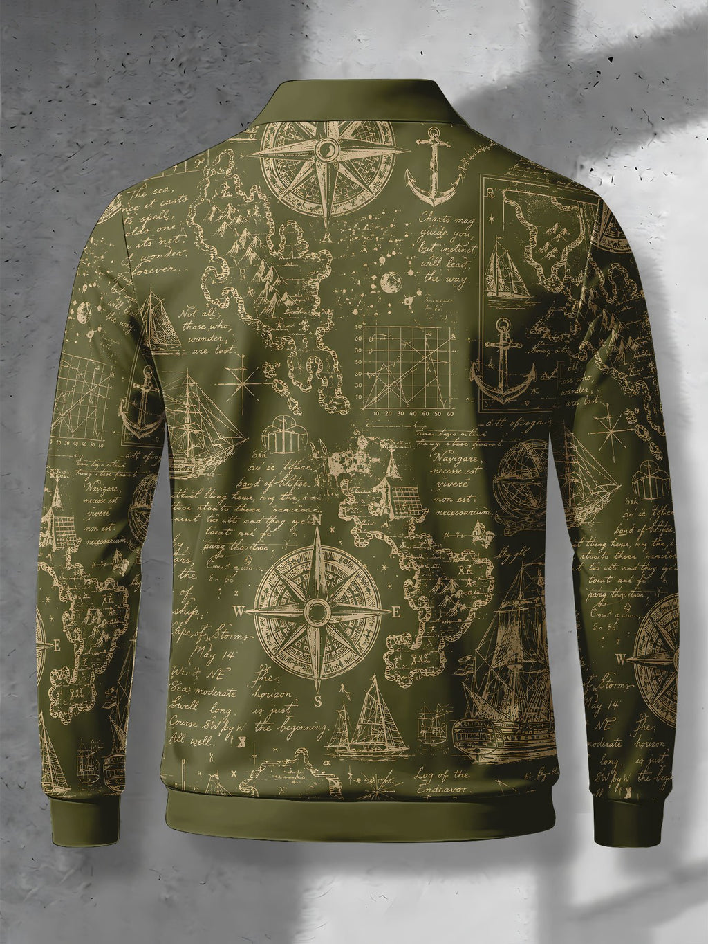 Men's Contrast Color Long Sleeve Polo Shirt, Lapel Collar Three-Button Casual Top with Vintage Nautical Manuscript Print, Versatile Men's Apparel for Spring/Autumn Business Commuting and Golf, Surprise Birthday/Holiday Gift for Young Men - Mixed Color F