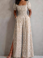 2026 Spring/Summer New Square Neck Waist-Cinching Side-Slit Wide-Leg Jumpsuit Women'S, Ethnic Print Elastic Waist Vacation One-Piece Long Pants, Retro Square Neck with Short Sleeves, Mid-Section Full Piece Gathered Elastic Waist - Khaki