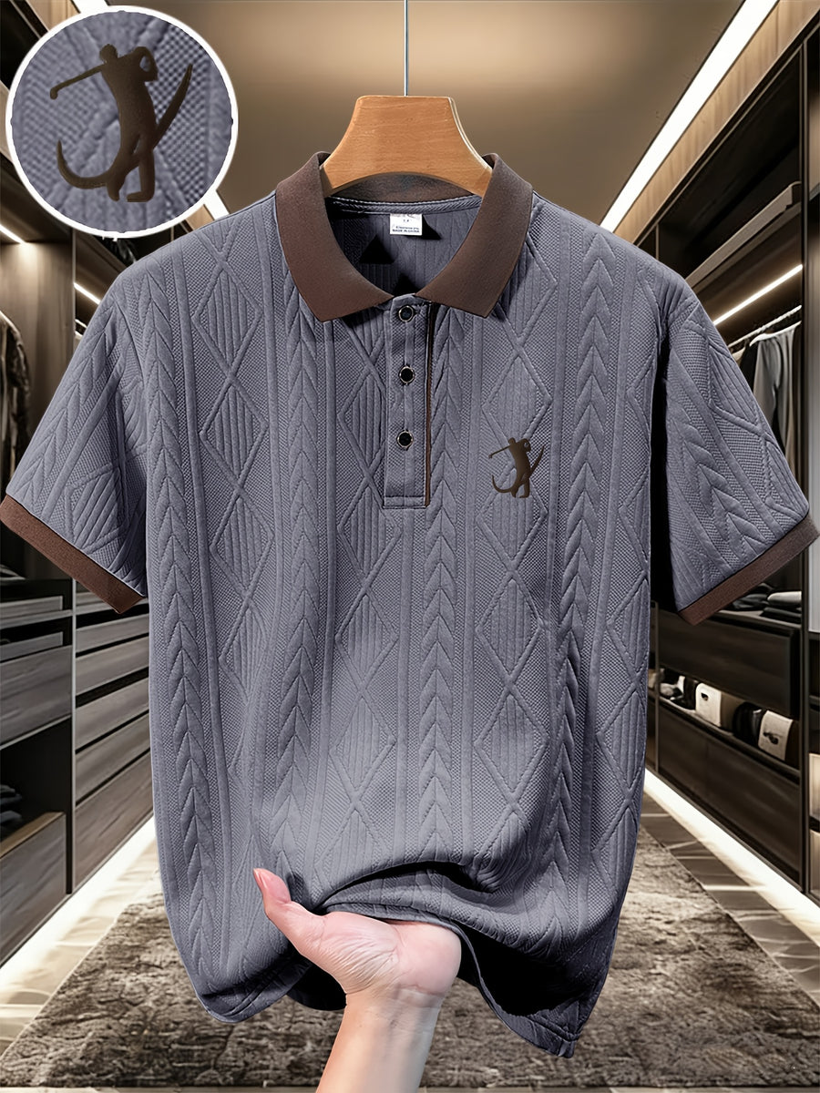 Men'S Fashion Polo Shirt, Golf Character 3D Pattern Print, Foamed Heavy Craft, Spring Summer Short Sleeve, Exquisite Jacquard Fabric, Comfortable And Skin-Friendly, Elegant Contrast Collar Design, Casual Trendy Versatile, Golf Wear, Premium T-Shirt - Grey