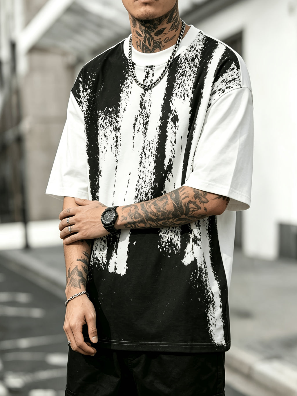 Men'S Oversized Drop Shoulder Crew Neck Short Sleeve T-Shirt, Vintage Faded Vertical Splash Print Elastic Loose Fit Hip Hop Streetwear Basic Tee, Breathable Relaxed Cut Summer Daily Outdoor Workout Casual Top for Men - White