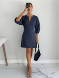 Elegant Exquisite Women'S Navy Blue Vertical Striped V-Neck Puff Sleeve Waist-Cinching Dress Bridesmaid Dress Fashion Temperament Piece for Commute Date Party Daily Outfit - Navy Color