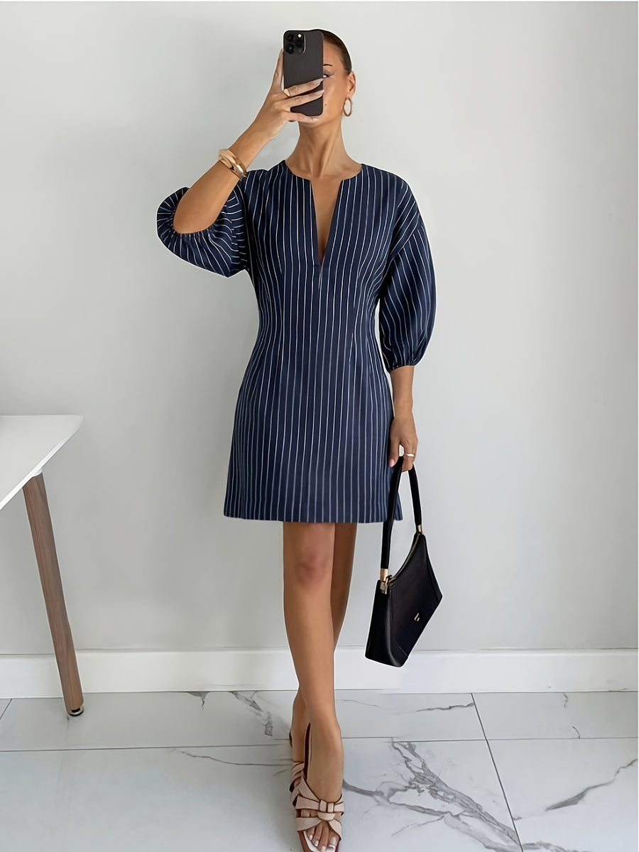 Elegant Exquisite Women'S Navy Blue Vertical Striped V-Neck Puff Sleeve Waist-Cinching Dress Bridesmaid Dress Fashion Temperament Piece for Commute Date Party Daily Outfit - Navy Color