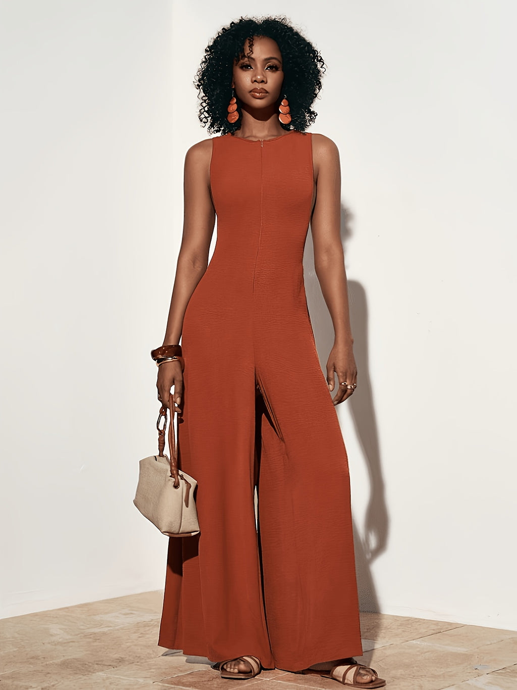 Women'S Elegant Orange-Red Round Neck Sleeveless Front-Middle Zipper Back Decor Rope Tie-Back Long Pants Spring Summer Women'S Wear Vacation Jumpsuit - Orange Red