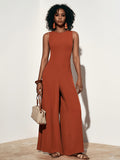Women'S Elegant Orange-Red Round Neck Sleeveless Front-Middle Zipper Back Decor Rope Tie-Back Long Pants Spring Summer Women'S Wear Vacation Jumpsuit - Orange Red