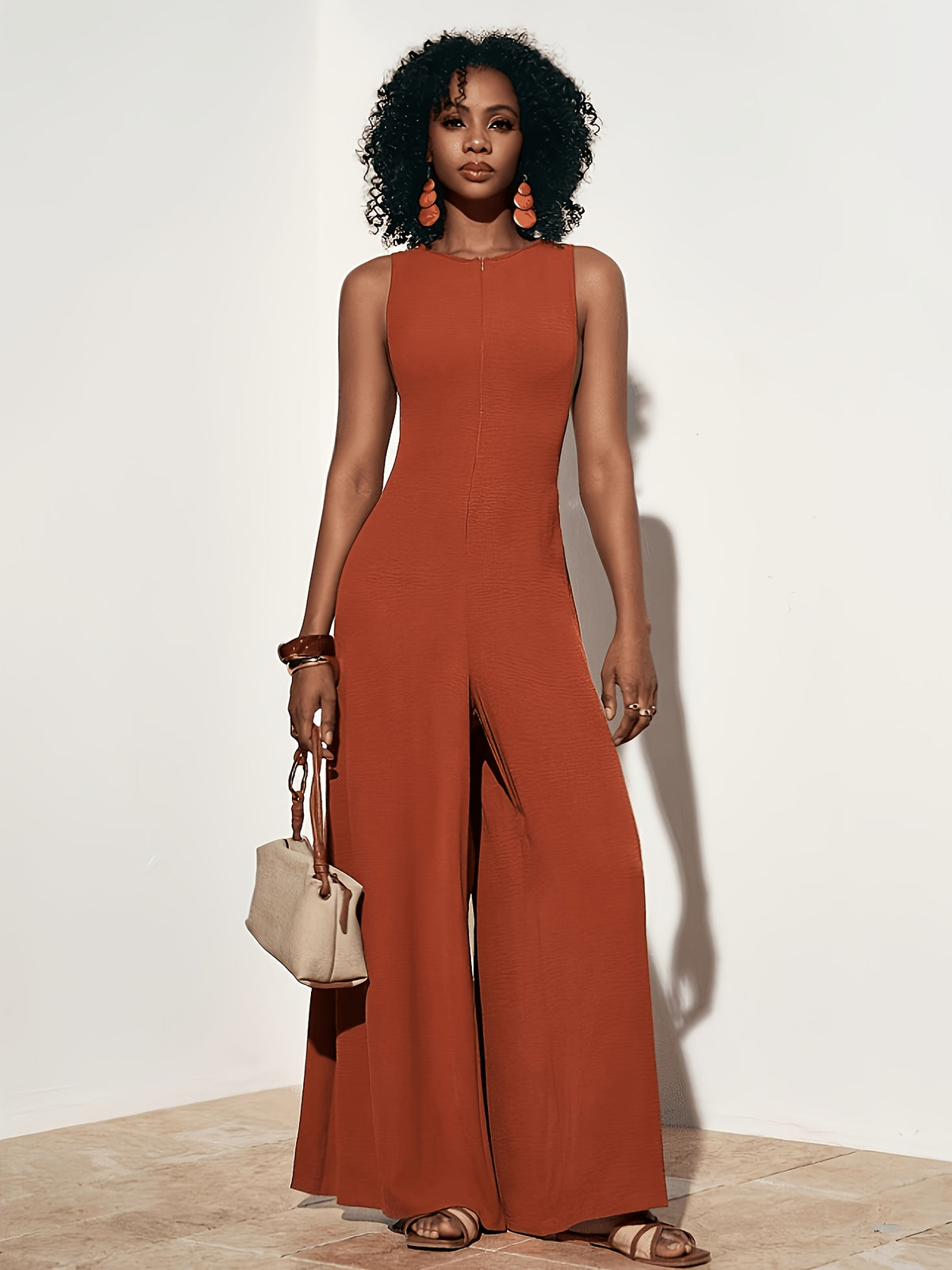 Women'S Elegant Orange-Red Round Neck Sleeveless Front-Middle Zipper Back Decor Rope Tie-Back Long Pants Spring Summer Women'S Wear Vacation Jumpsuit - Orange Red