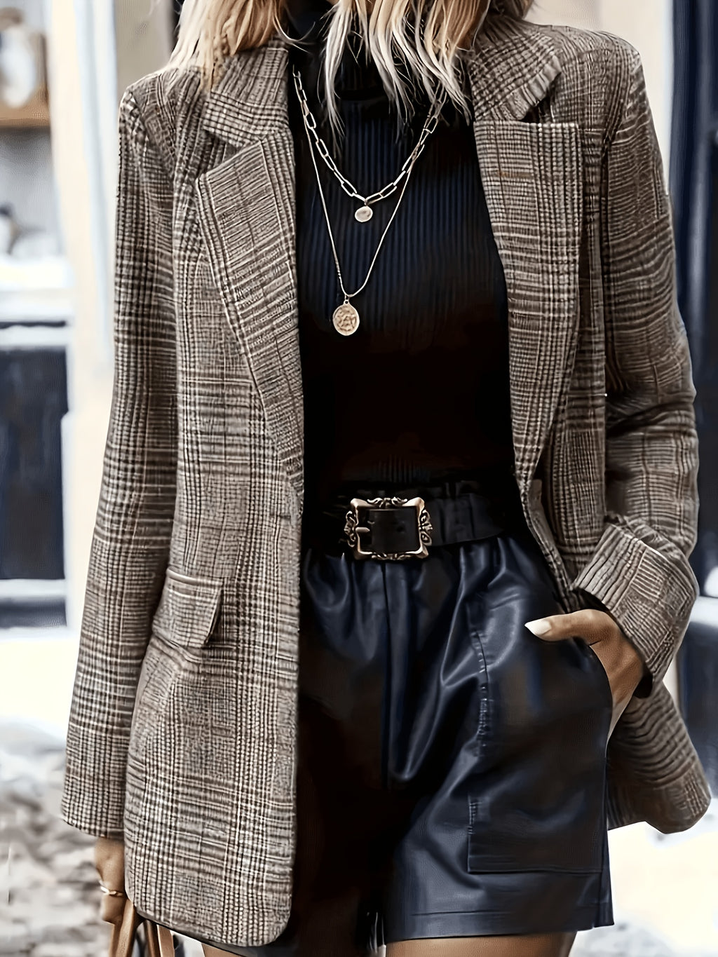 Fashion Women'S Casual Suit Jacket, Essential for Work, Premium Checkered Elegant Blazer - Olive Brown