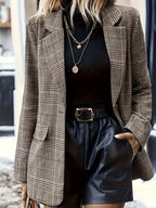 Fashion Women'S Casual Suit Jacket, Essential for Work, Premium Checkered Elegant Blazer - Olive Brown