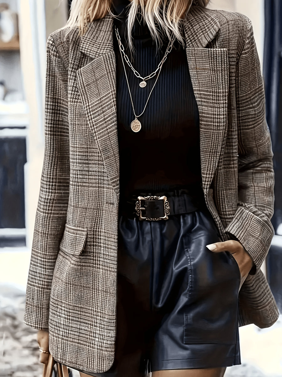 Fashion Women'S Casual Suit Jacket, Essential for Work, Premium Checkered Elegant Blazer - Olive Brown