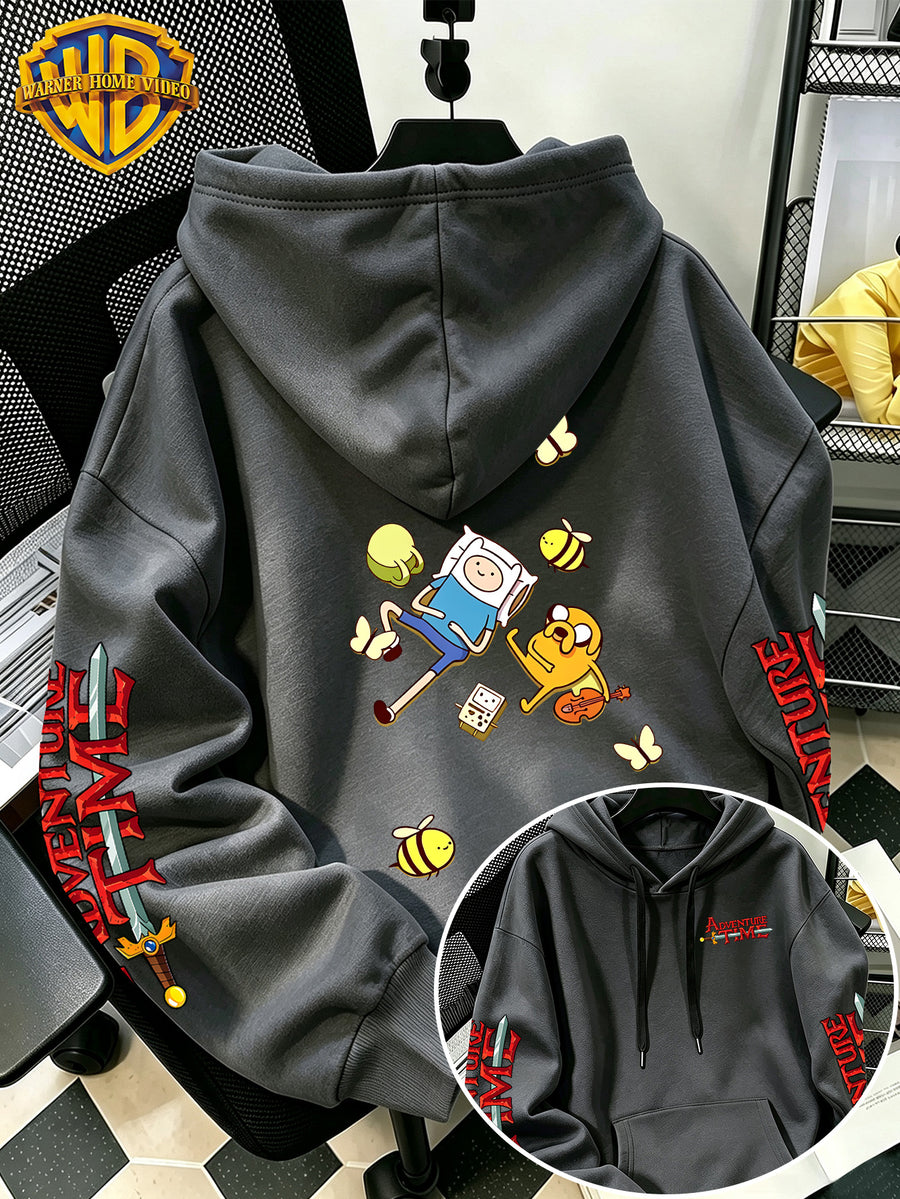 Warner Bros Official Adventure Time Finn & Jake Lying Casual Cartoon Print Hooded Sweatshirt - Men's Versatile Casual Sweatshirt, Comfortable Autumn/Winter Wear, Ideal for Sports, Outdoors, Outings, Travel, and Daily/Commute/Home Use, the Perfect - Dark Gray