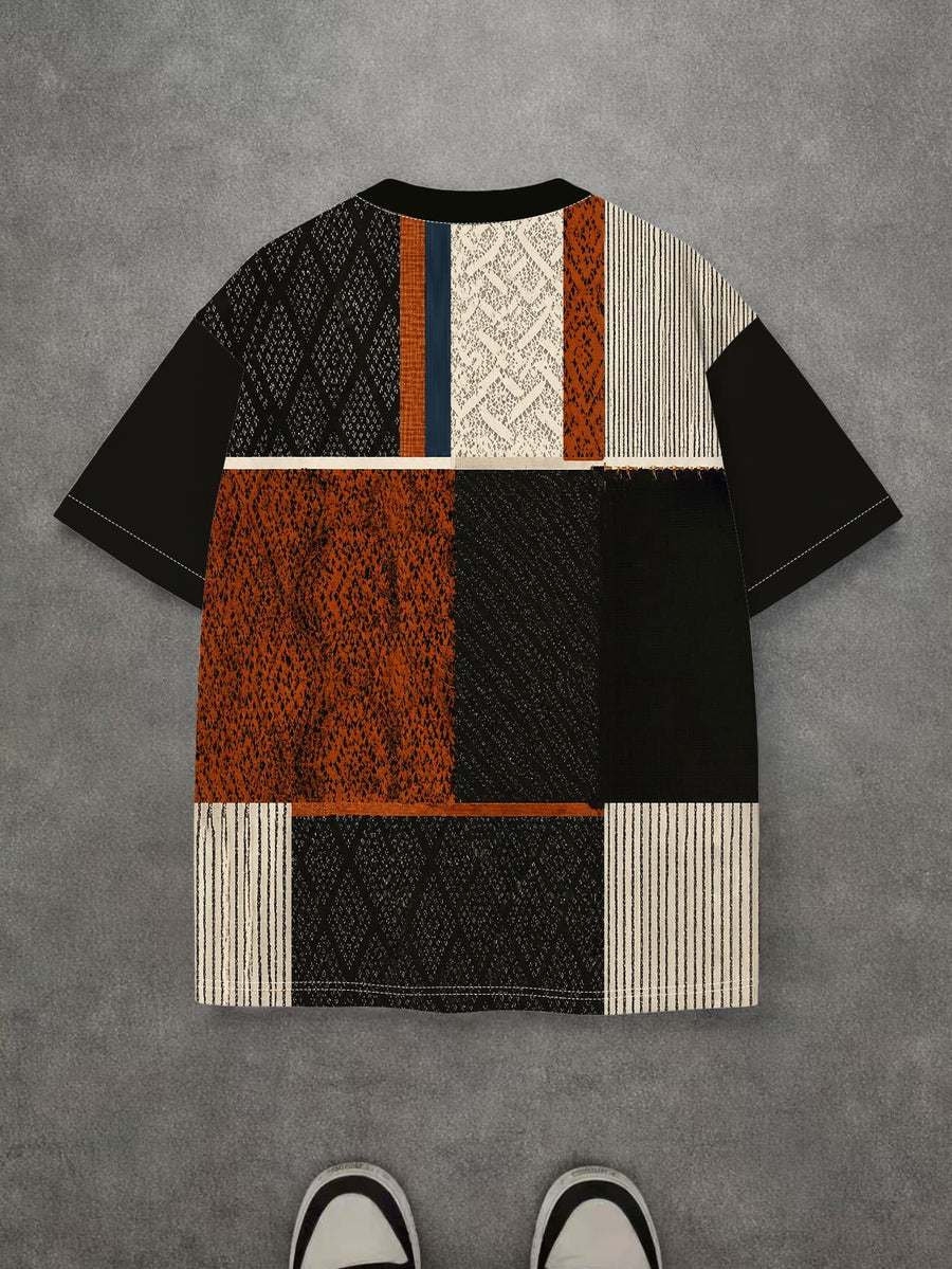 Men'S Fashion Color Block Geometric Pattern Short Sleeve T-Shirt - Mixed colors