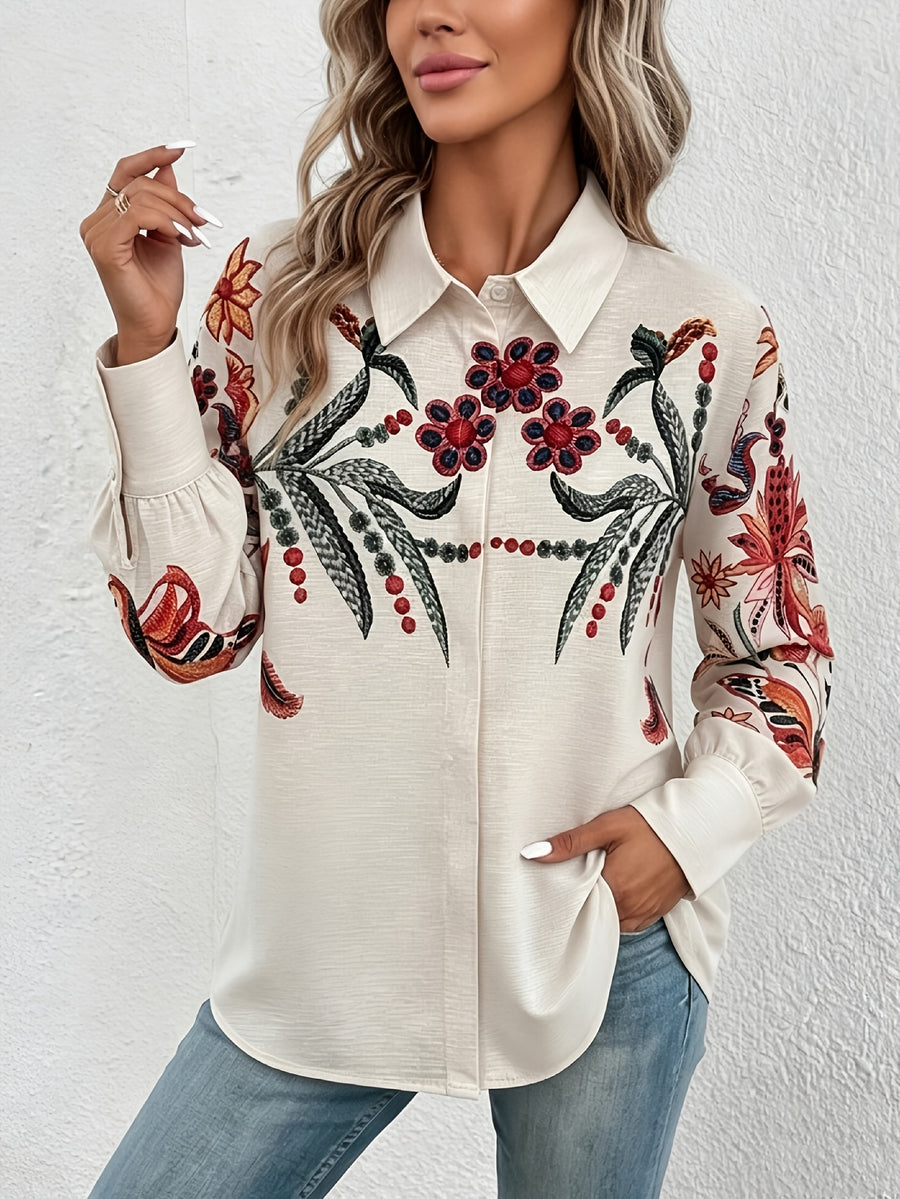 Women's Spring/Summer Shirt with Digital Print, Fashionable, Elegant, and Temperamental, Casual Loose-Fit Long Sleeve Lapel Cardigan, Gorgeous Clothing for Daily Outings, Commuting, Vacation, and Versatile Styling - Apricot