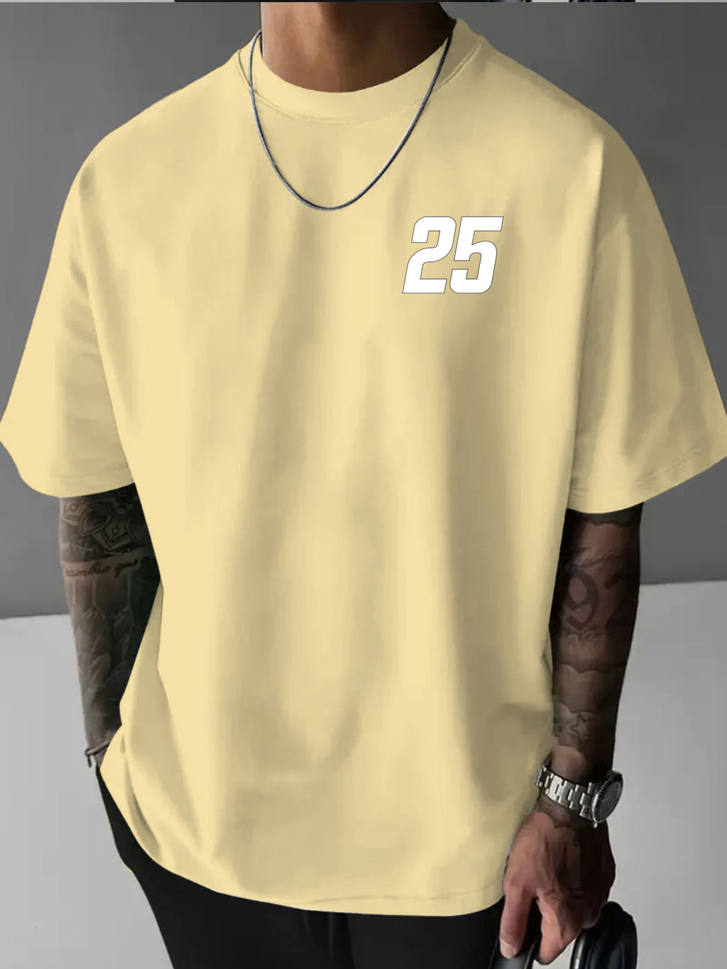 Minimalist Hand-Drawn Numerals and  Letter Creative Front and Back Print Fashionable Men's Casual Versatile #Commute #Leisure #Home #Office #Trendy Streetwear Fashion Item Crew Neck Heavyweight Pure Cotton T-Shirt - Apricot