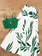 Women'S Spring Autumn Elegant Lace-Up Skirt And Cami Top 2pcs Set - Green