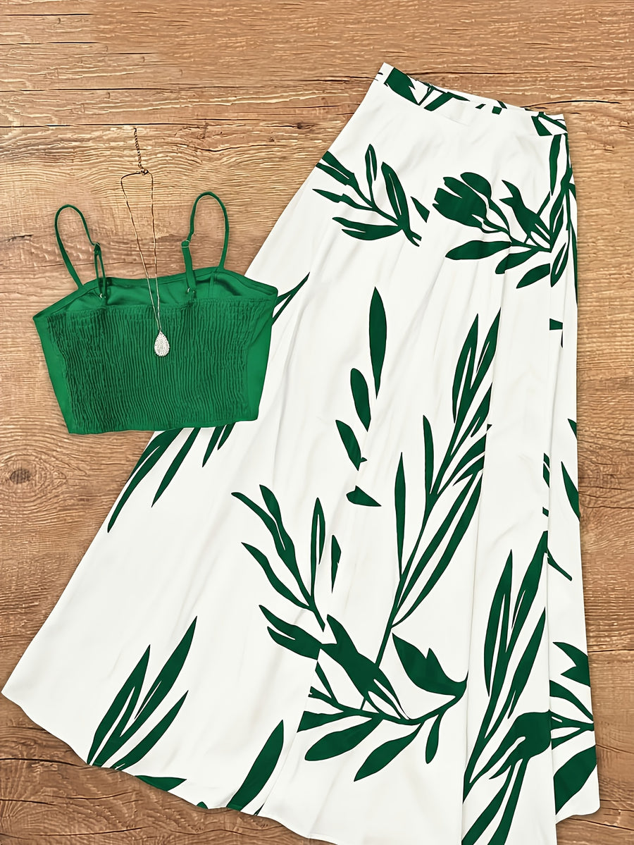 Women'S Spring Autumn Elegant Lace-Up Skirt And Cami Top 2pcs Set - Green