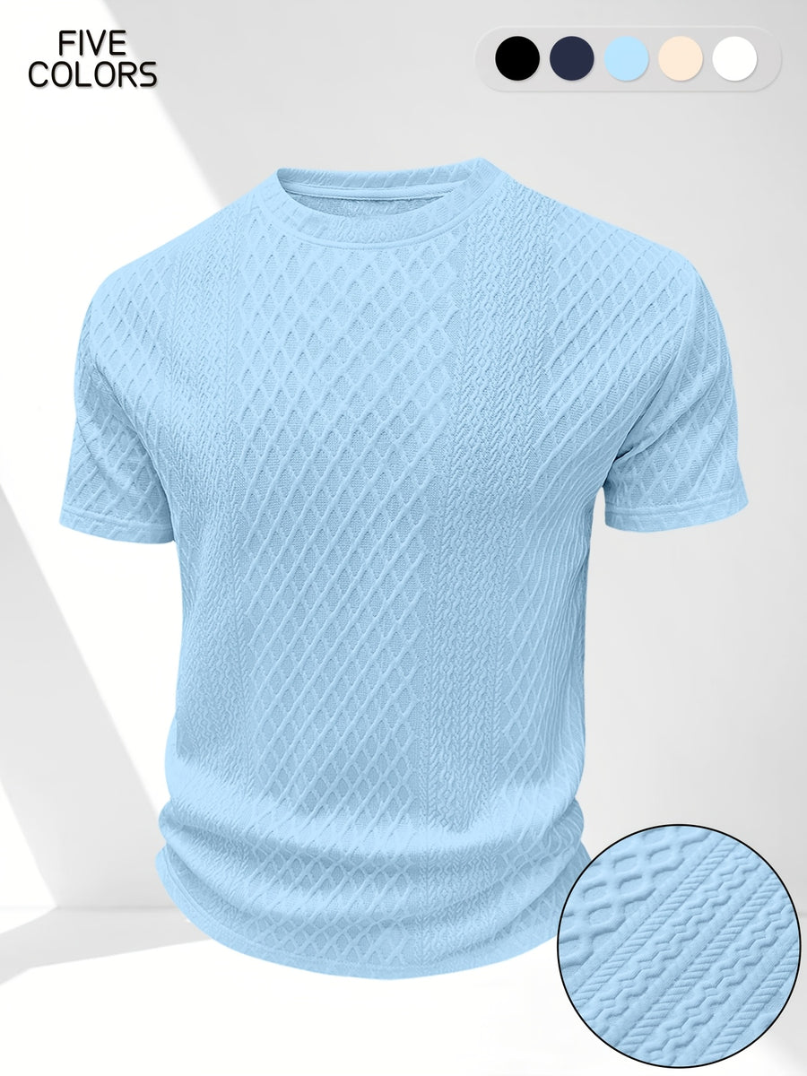 Men'S Summer Casual Premium Textured Solid Round Neck Short Sleeve, Comfortable Breathable Textured Fabric T-Shirt, Suitable for Outdoor Vacation And Daily Wear - Sky Blue